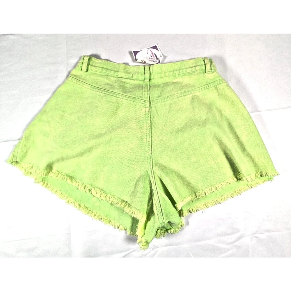 Cousin Couture Acid Wash Denim Shorts High Waisted Fringe Hem Small S Neon Green